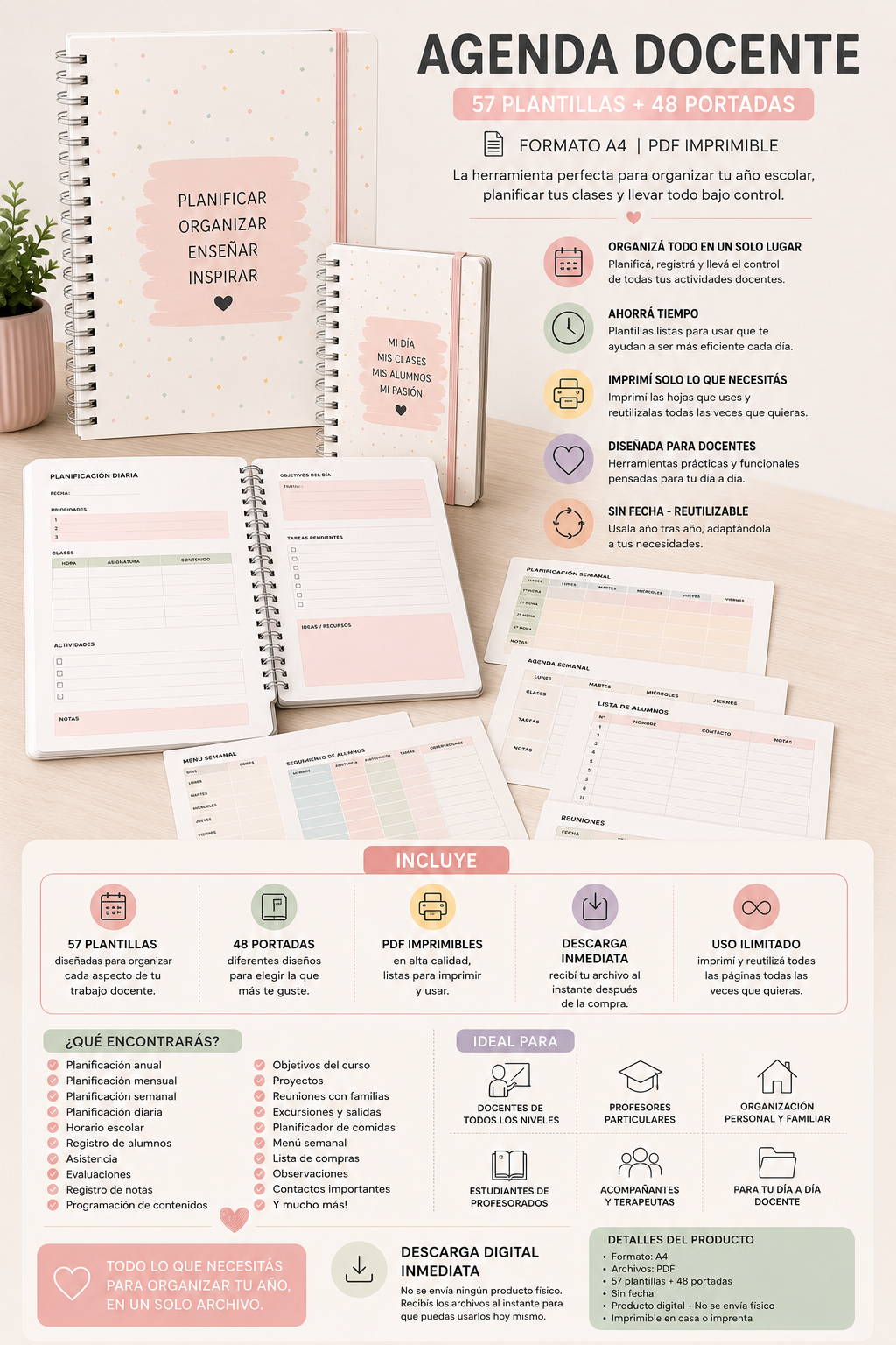 Agenda Docente Digital Imprimible: 57 Plantillas + 48 Portadas.